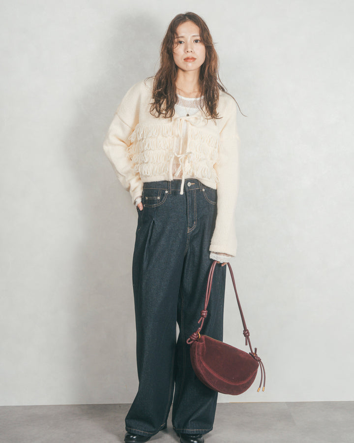 ［SET］ループ編みフリンジカーディガン+ワイドTuckイージーデニム（2SET）