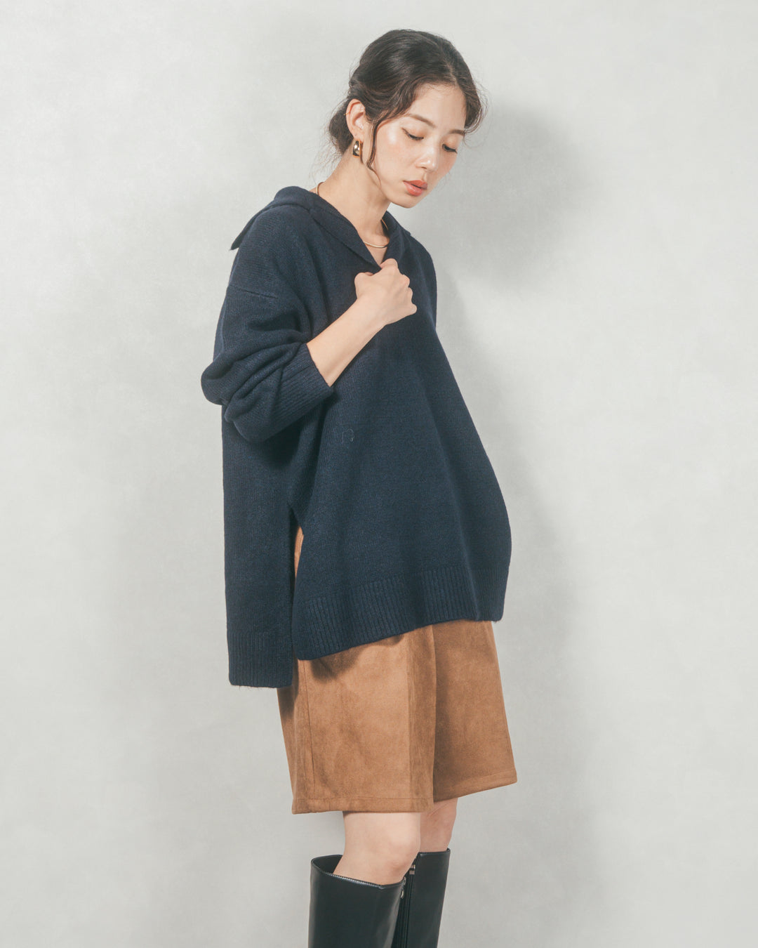 サイドスリット襟付きスキッパーニット (NAVY)
