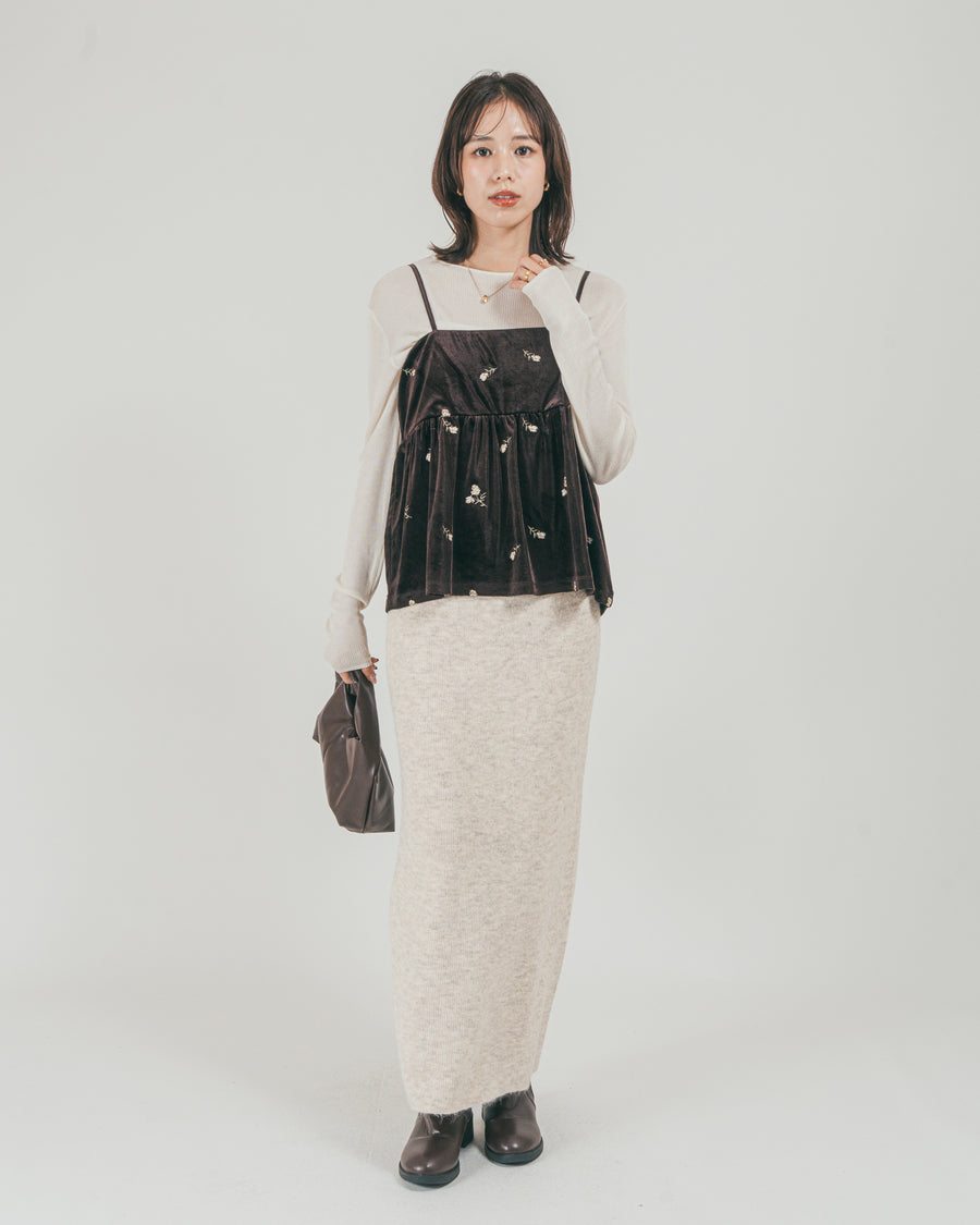 ［SET］Flower刺繍 ベロアペプラムキャミ + モヘア Narrowニットスカート（2SET）