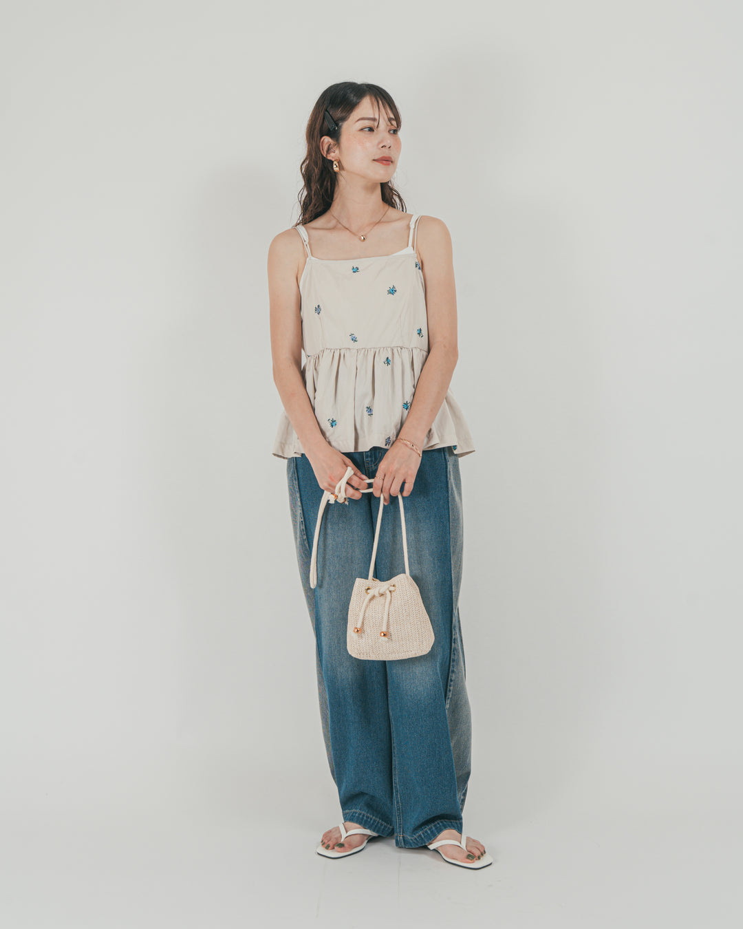 ［SET］Flower刺繍　ボリュームキャミ + 10oz サイドタック リラックスデニムパンツ（2SET）