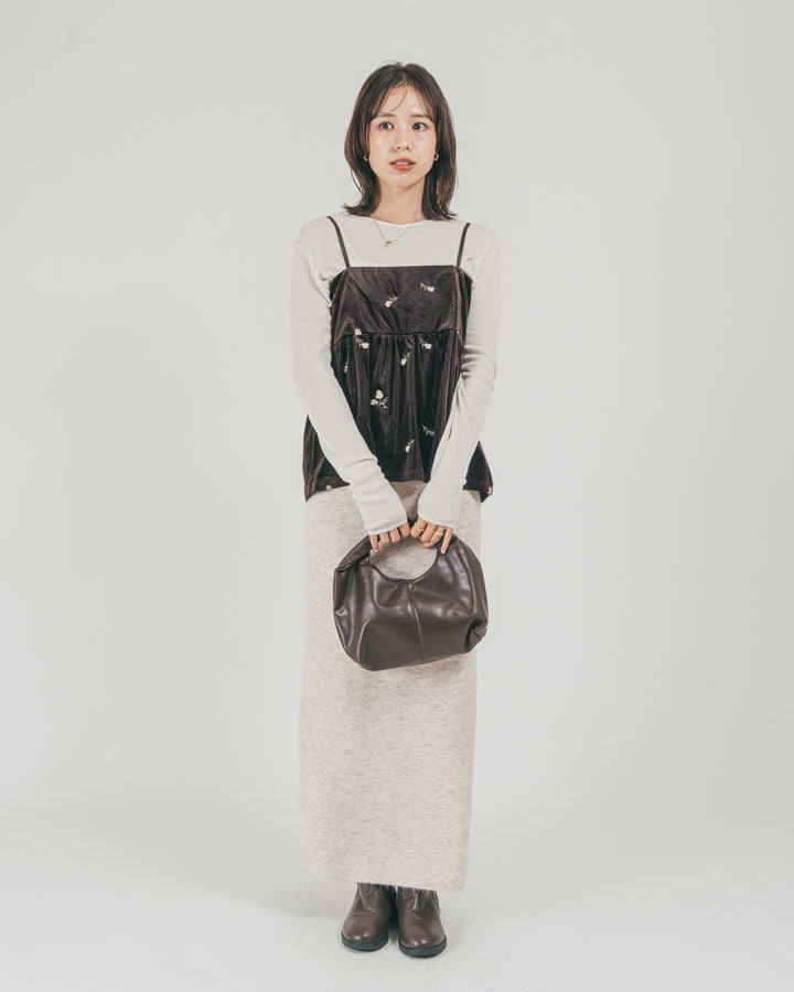 ［SET］Flower刺繍 ベロアペプラムキャミ + モヘア Narrowニットスカート（2SET）