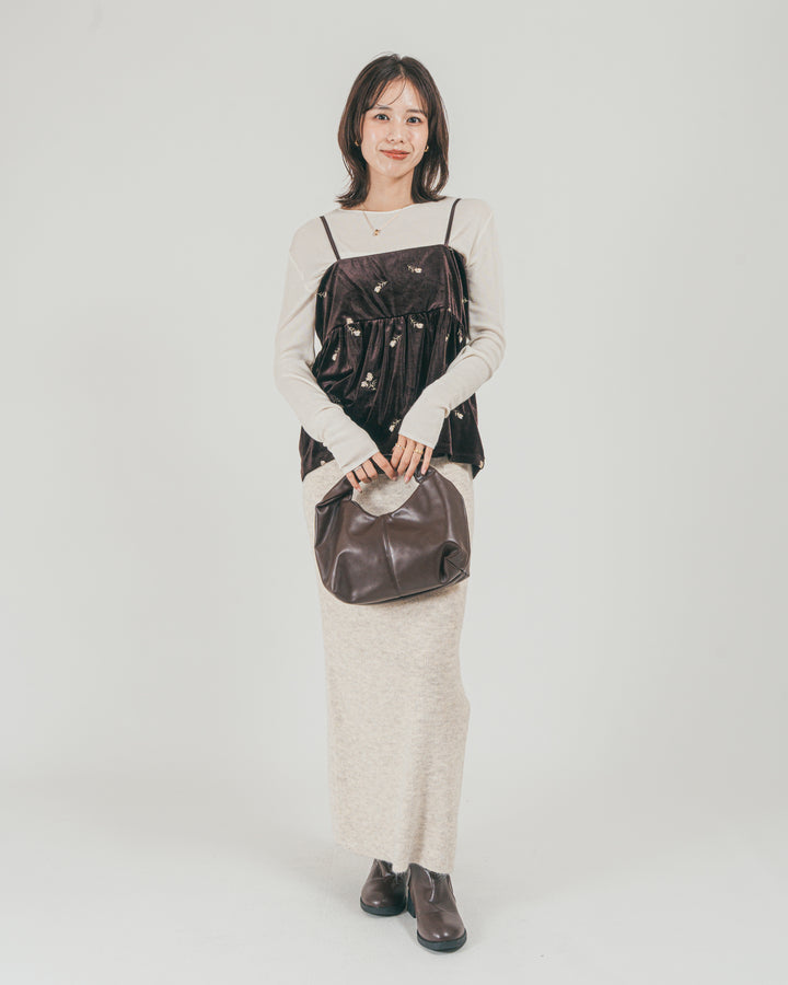 ［SET］Flower刺繍 ベロアペプラムキャミ + モヘア Narrowニットスカート（2SET）