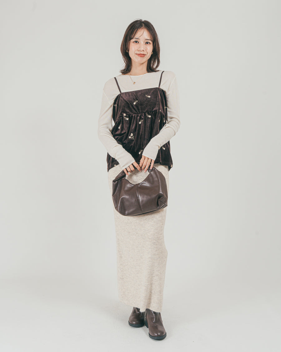 ［SET］Flower刺繍 ベロアペプラムキャミ + モヘア Narrowニットスカート（2SET）