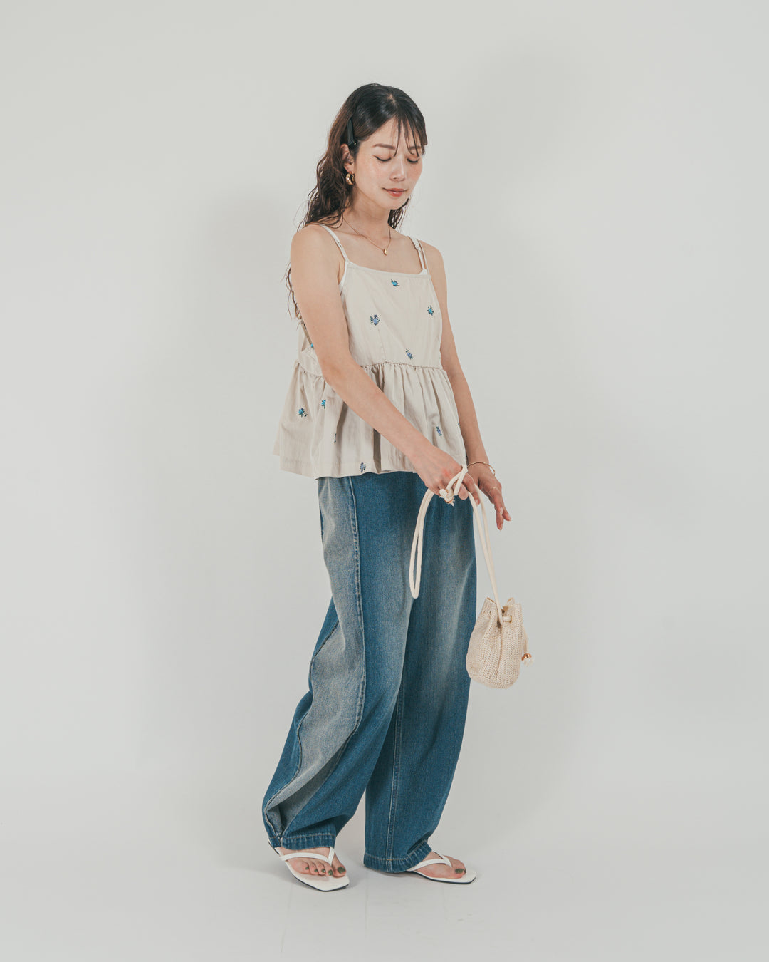 ［SET］Flower刺繍　ボリュームキャミ + 10oz サイドタック リラックスデニムパンツ（2SET）