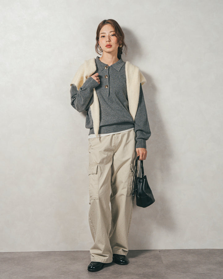 ［SET］ボタンデザインポロニット+ピグメントツイルカーゴパンツ（2SET）
