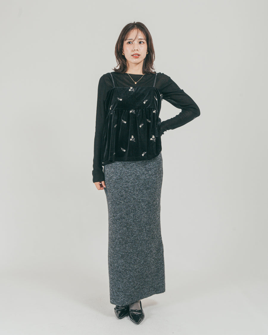 ［SET］Flower刺繍 ベロアペプラムキャミ + モヘア Narrowニットスカート（2SET）