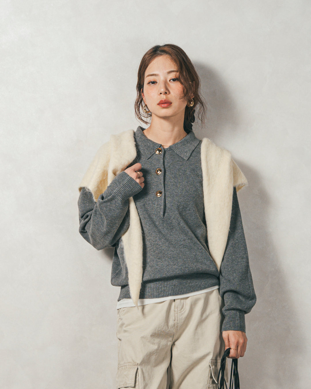 ［SET］ボタンデザインポロニット+ピグメントツイルカーゴパンツ（2SET）