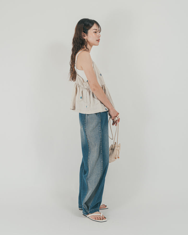 ［SET］Flower刺繍　ボリュームキャミ + 10oz サイドタック リラックスデニムパンツ（2SET）