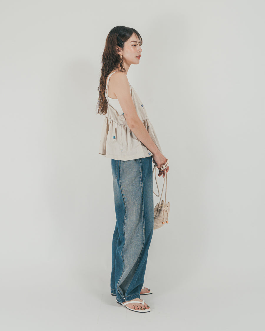 ［SET］Flower刺繍　ボリュームキャミ + 10oz サイドタック リラックスデニムパンツ（2SET）