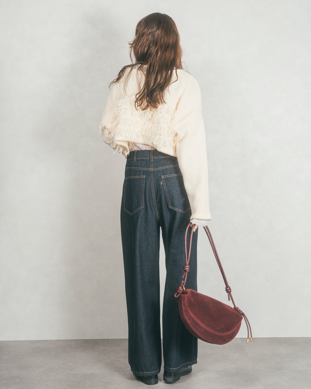 ［SET］ループ編みフリンジカーディガン+ワイドTuckイージーデニム（2SET）