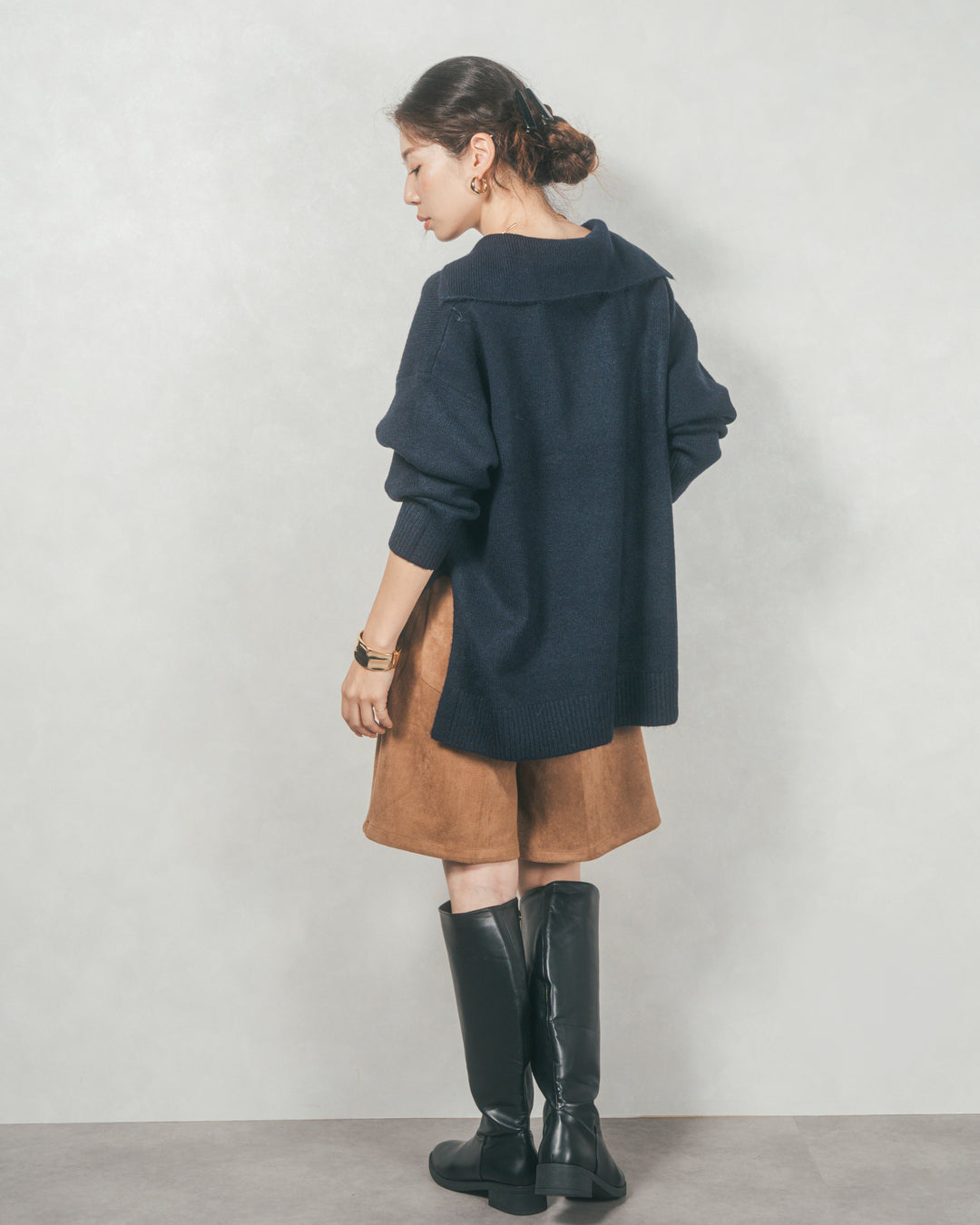 サイドスリット襟付きスキッパーニット (NAVY)