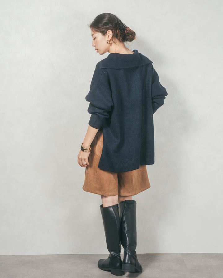 サイドスリット襟付きスキッパーニット (NAVY)