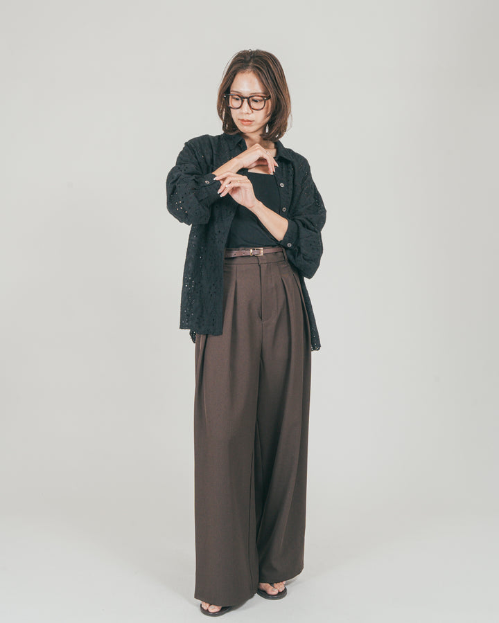 ［SET］コットンフラワーレースシャツ + ダブルタック ハイウエストワイドパンツ（2SET）