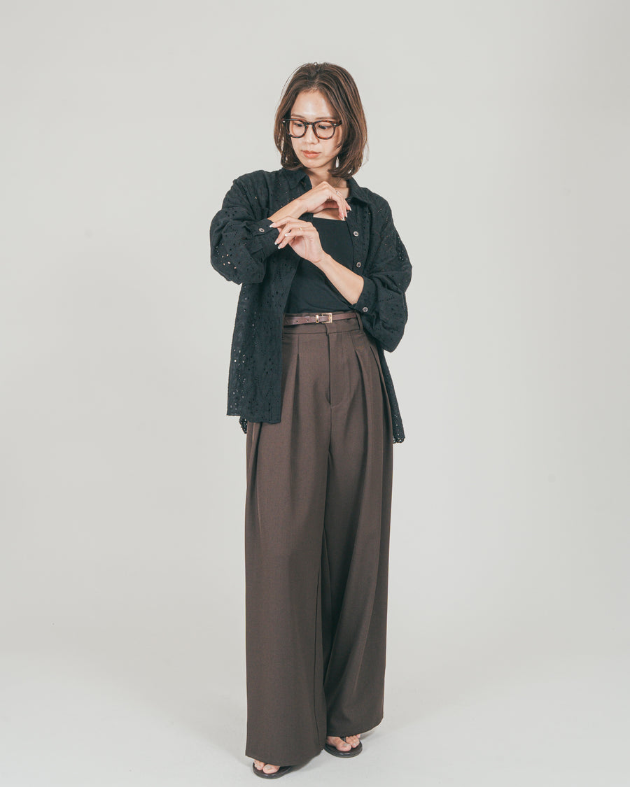 ［SET］コットンフラワーレースシャツ + ダブルタック ハイウエストワイドパンツ（2SET）