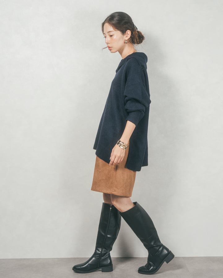 サイドスリット襟付きスキッパーニット (NAVY)