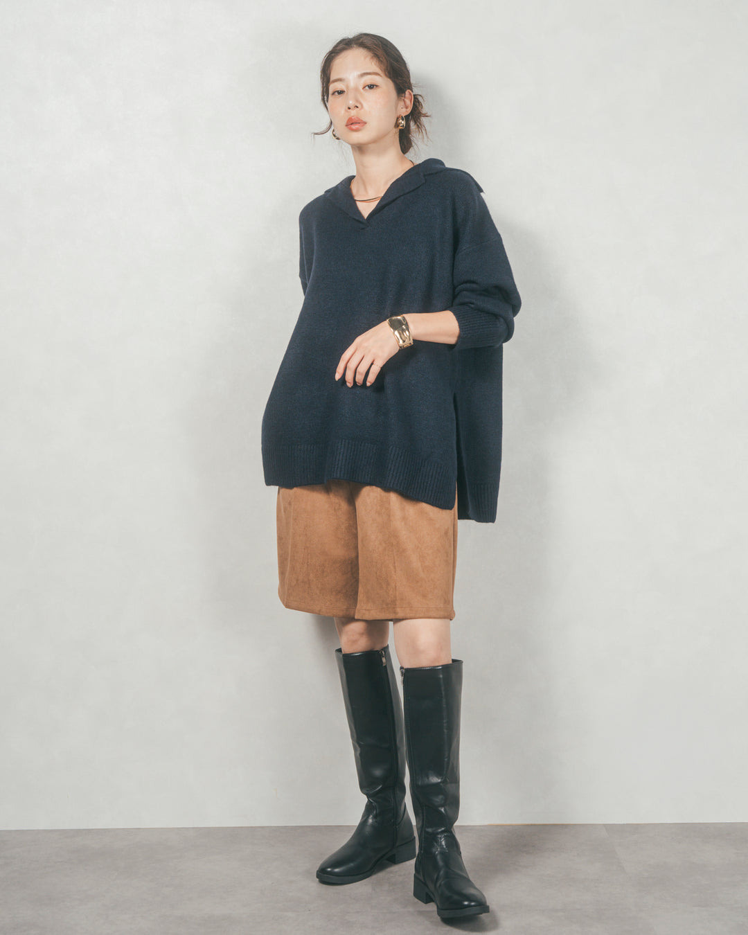 サイドスリット襟付きスキッパーニット (NAVY)