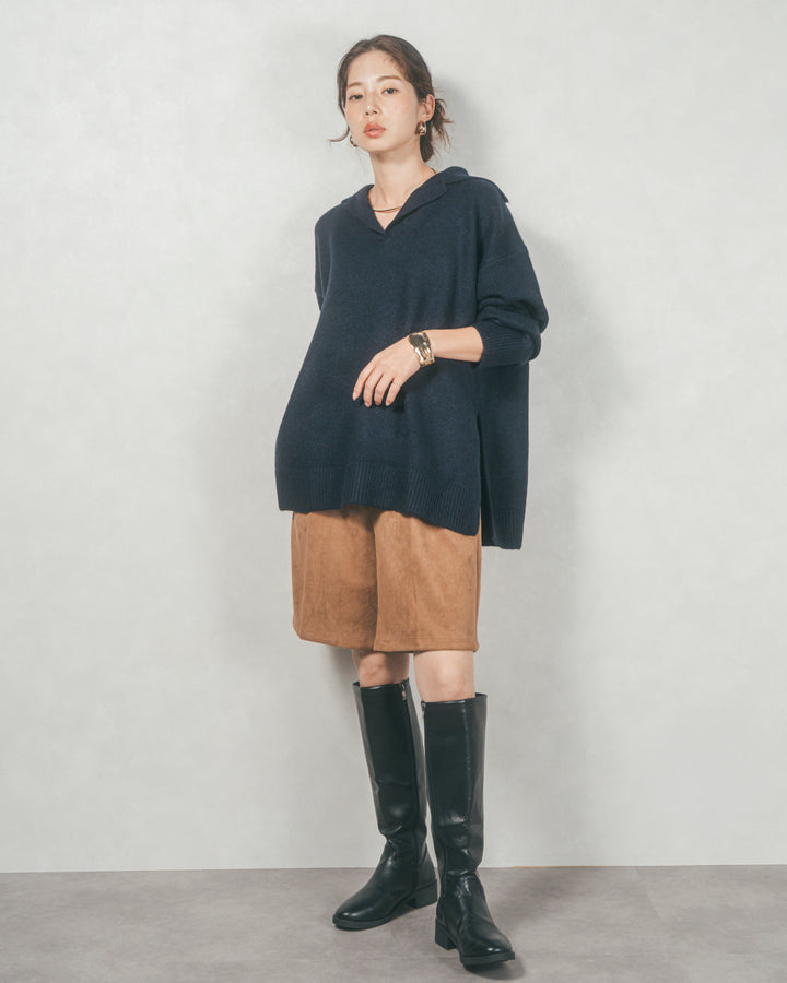 サイドスリット襟付きスキッパーニット (NAVY)