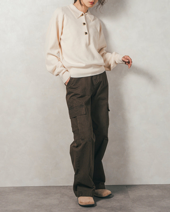 ［SET］ボタンデザインポロニット+ピグメントツイルカーゴパンツ（2SET）