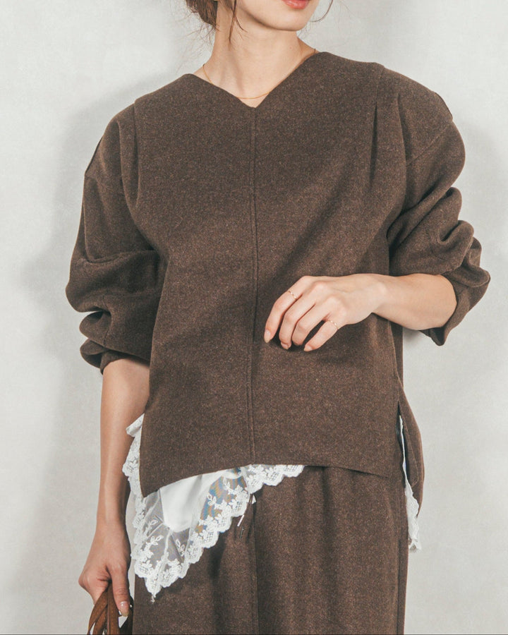 Smoothニットソー Vネックプルオーバー (BROWN)