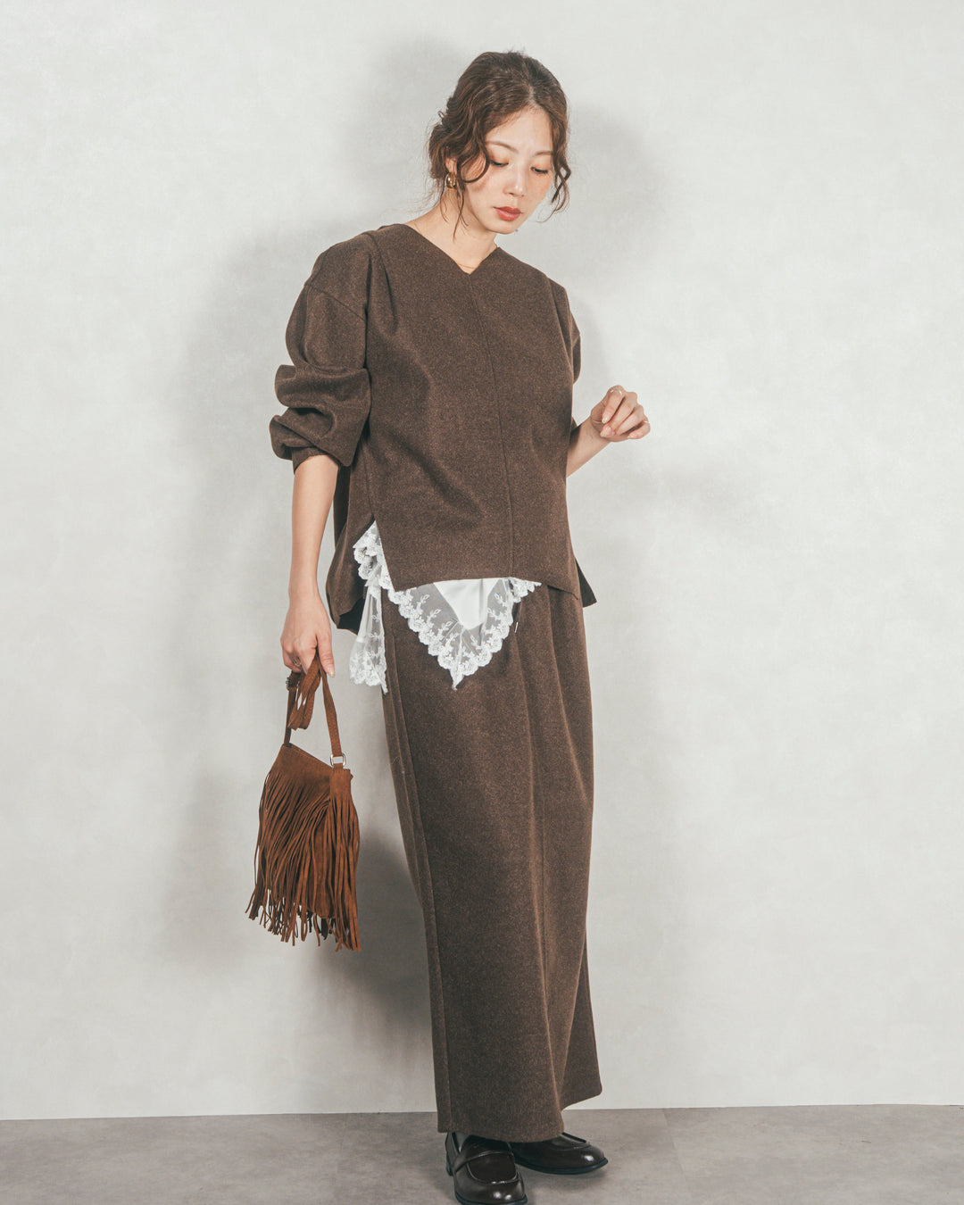 ［SET］Smoothニットソー Vネックプルオーバー+Smoothニットソー Narrowスカート
