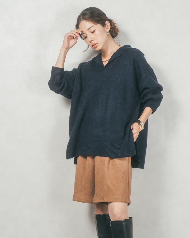サイドスリット襟付きスキッパーニット (NAVY)