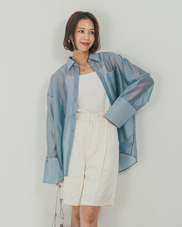 ［SET］Clear Sheer オーバーシャツ + Vintageサテン　ハーフパンツ（2SET）