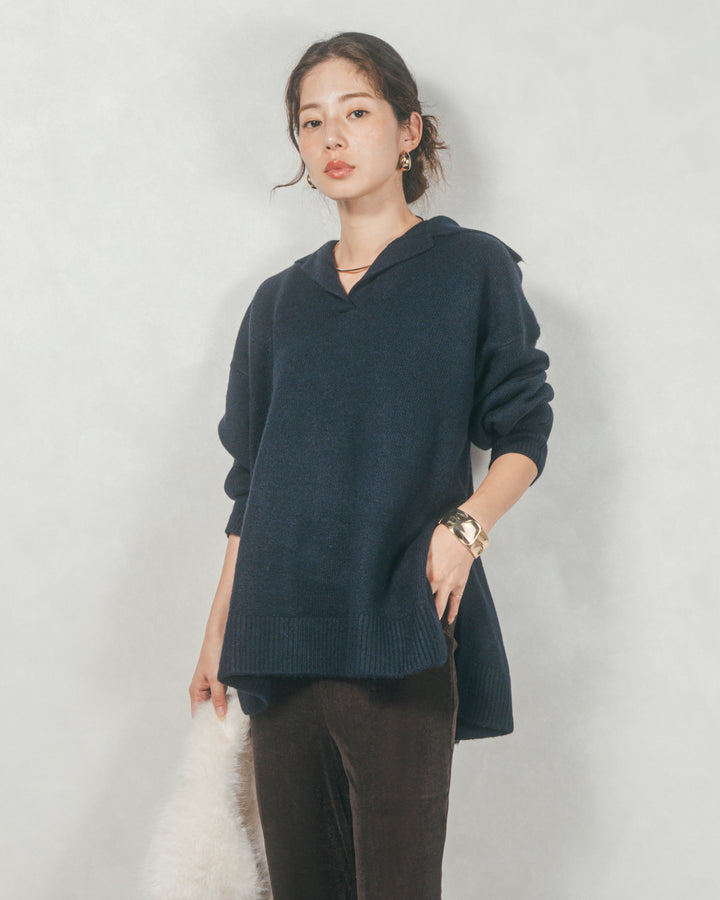 サイドスリット襟付きスキッパーニット (NAVY)