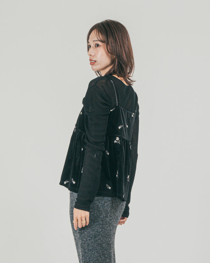 ［SET］Flower刺繍 ベロアペプラムキャミ + モヘア Narrowニットスカート（2SET）