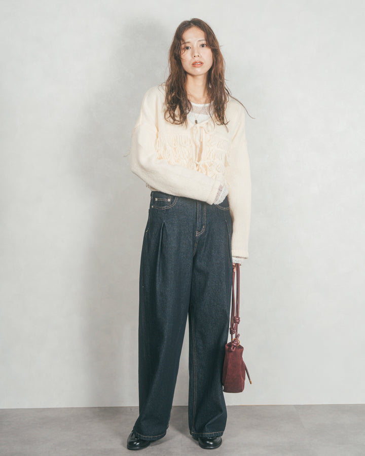 ［SET］ループ編みフリンジカーディガン+ワイドTuckイージーデニム（2SET）