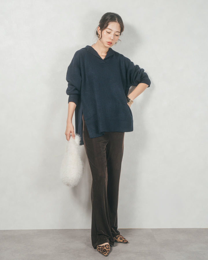 サイドスリット襟付きスキッパーニット (NAVY)