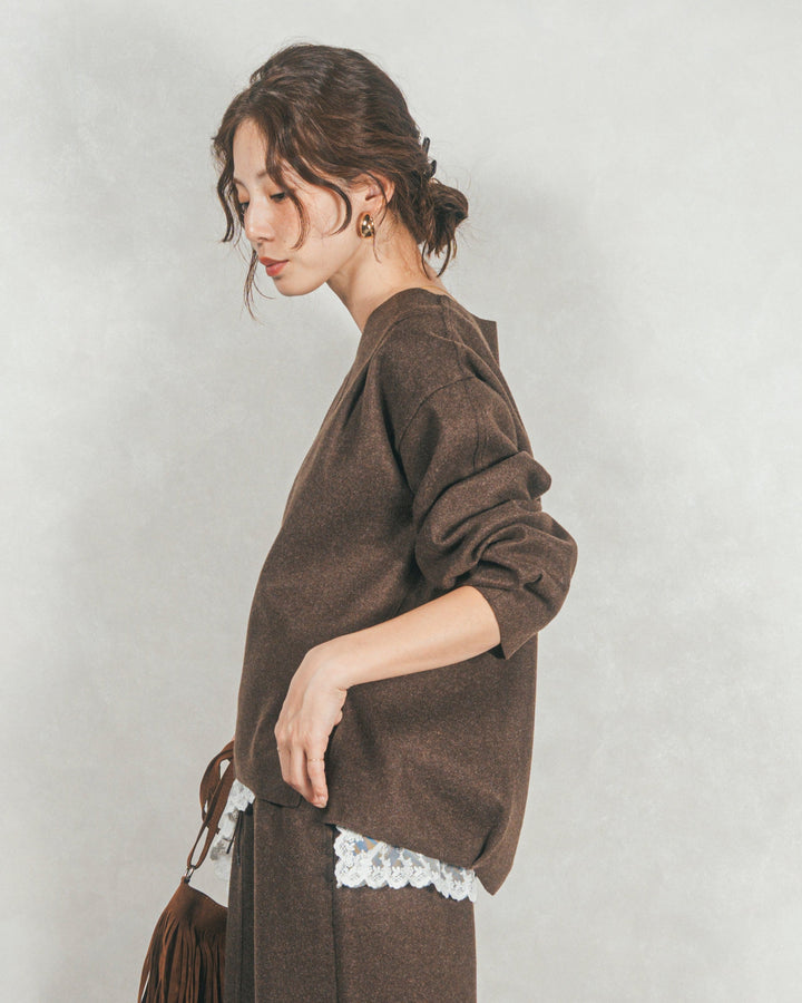 Smoothニットソー Vネックプルオーバー (BROWN)