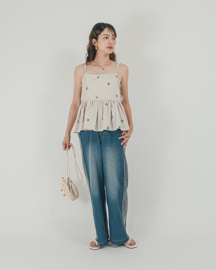 ［SET］Flower刺繍　ボリュームキャミ + 10oz サイドタック リラックスデニムパンツ（2SET）