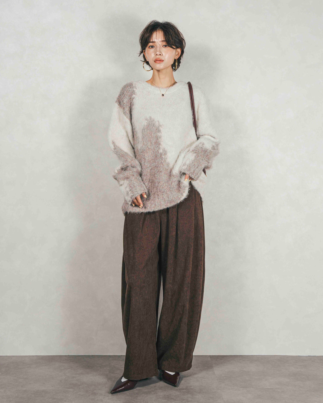 ［SET］ニュアンスグラデーションShaggyニット+サイドタックコクーンコーデュロイパンツ（2SET）