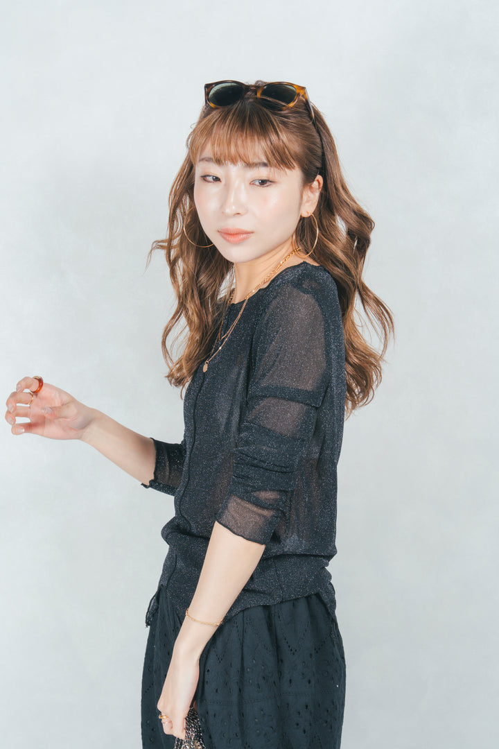 裾デザインラメシアートップス (BLACK)