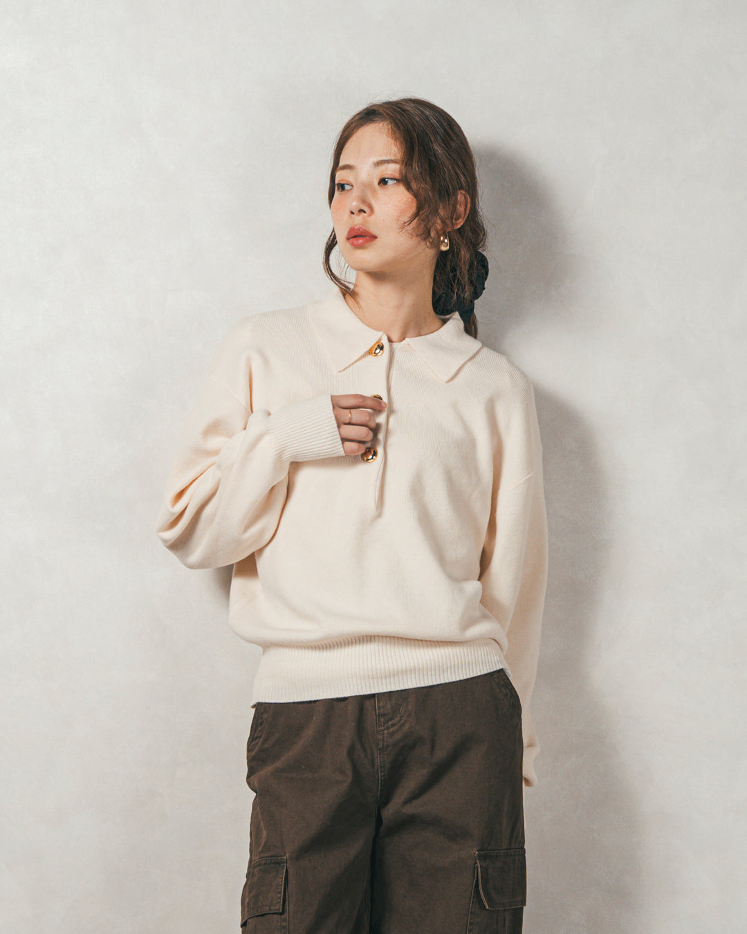 ［SET］ボタンデザインポロニット+ピグメントツイルカーゴパンツ（2SET）