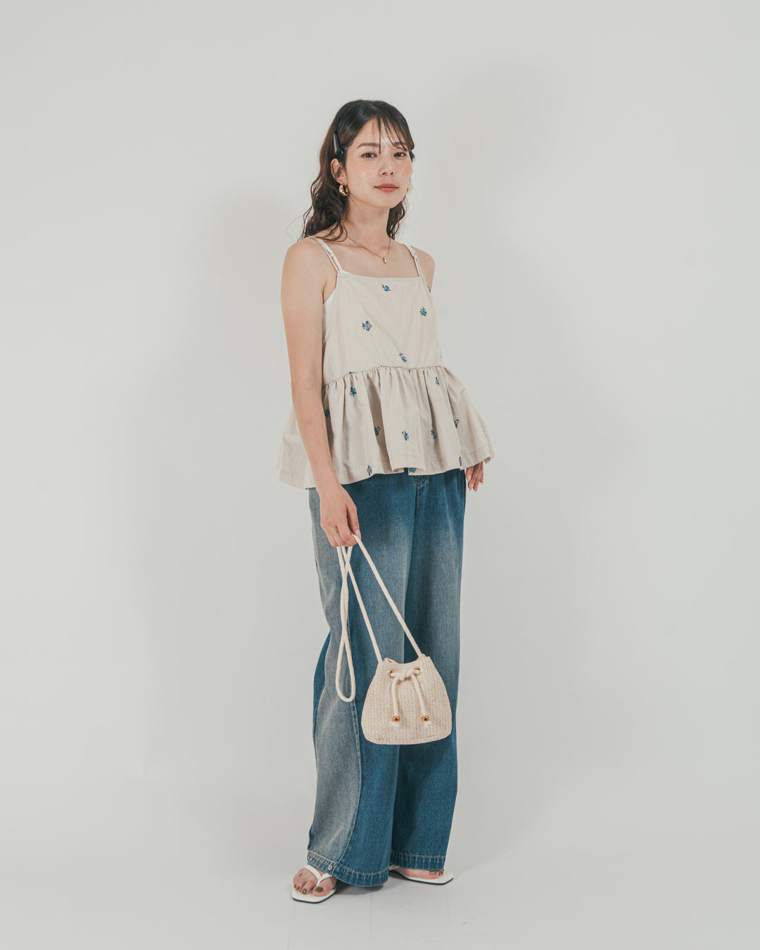 ［SET］Flower刺繍　ボリュームキャミ + 10oz サイドタック リラックスデニムパンツ（2SET）
