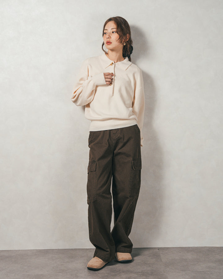 ［SET］ボタンデザインポロニット+ピグメントツイルカーゴパンツ（2SET）