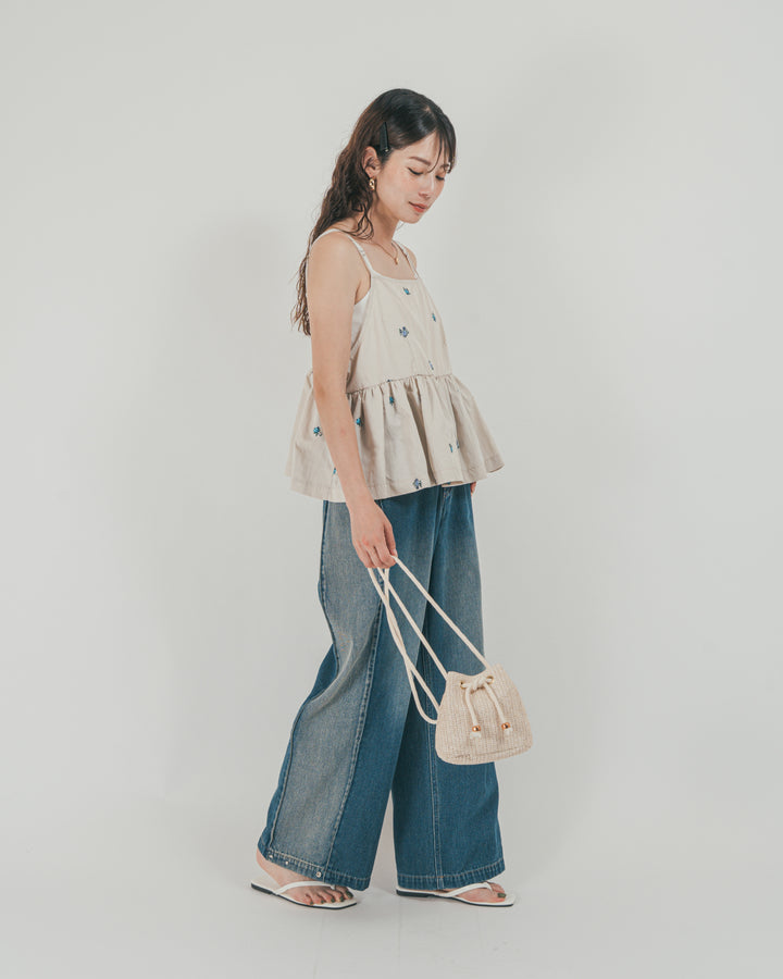 ［SET］Flower刺繍　ボリュームキャミ + 10oz サイドタック リラックスデニムパンツ（2SET）