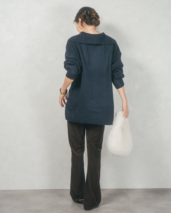 サイドスリット襟付きスキッパーニット (NAVY)