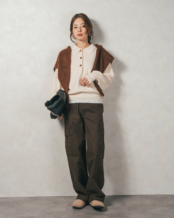 ［SET］ボタンデザインポロニット+ピグメントツイルカーゴパンツ（2SET）