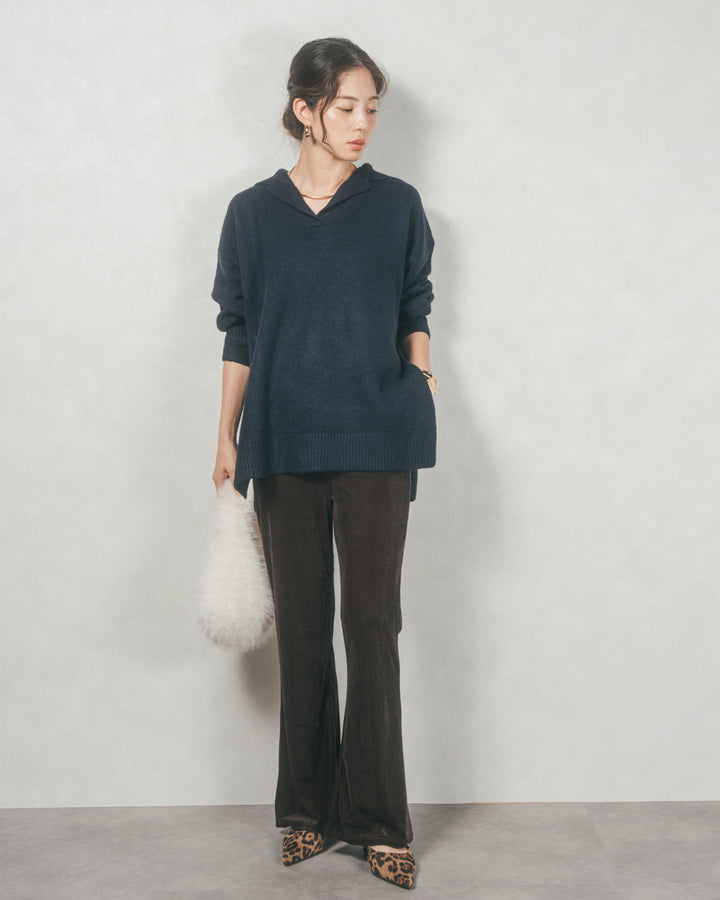 サイドスリット襟付きスキッパーニット (NAVY)