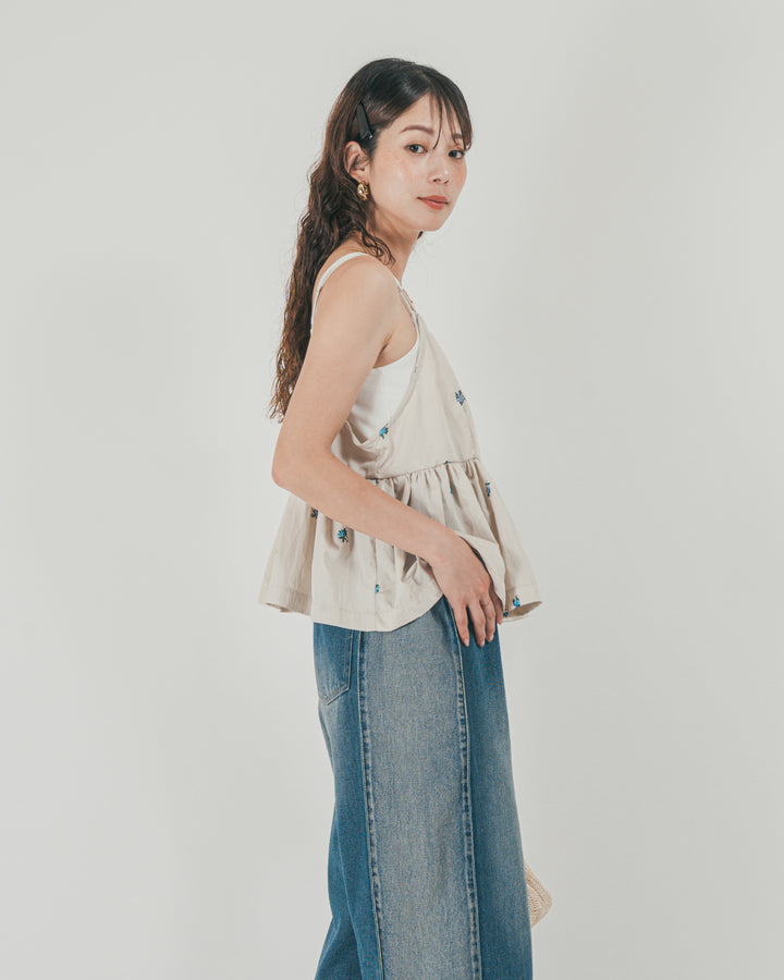 ［SET］Flower刺繍　ボリュームキャミ + 10oz サイドタック リラックスデニムパンツ（2SET）
