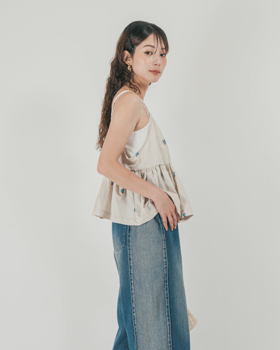 ［SET］Flower刺繍　ボリュームキャミ + 10oz サイドタック リラックスデニムパンツ（2SET）