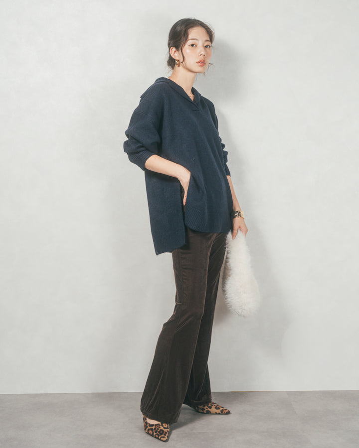 サイドスリット襟付きスキッパーニット (NAVY)