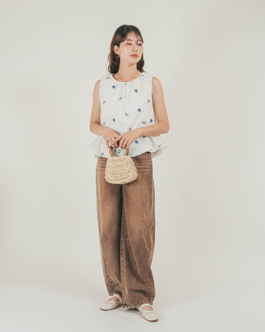 ［SET］Flower刺繍バルーンノースリブラウス + ウエストデザイン カーブデニム（2SET）