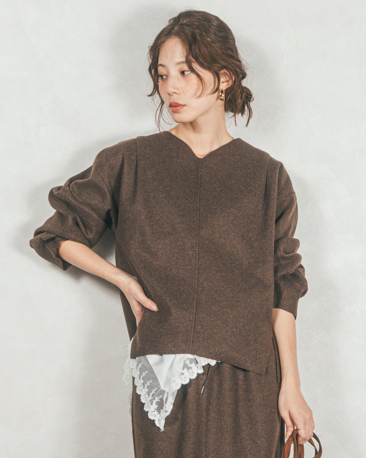 Smoothニットソー Vネックプルオーバー (BROWN)