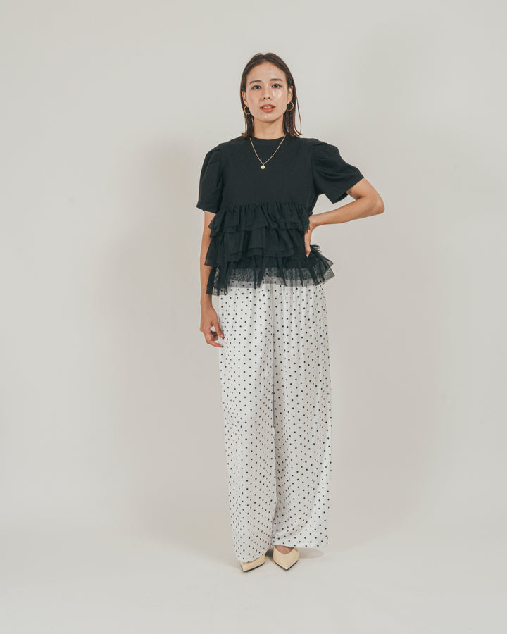 ［SET］チュールフリル ペプラムTシャツ + ドットサテンパンツ（2SET）