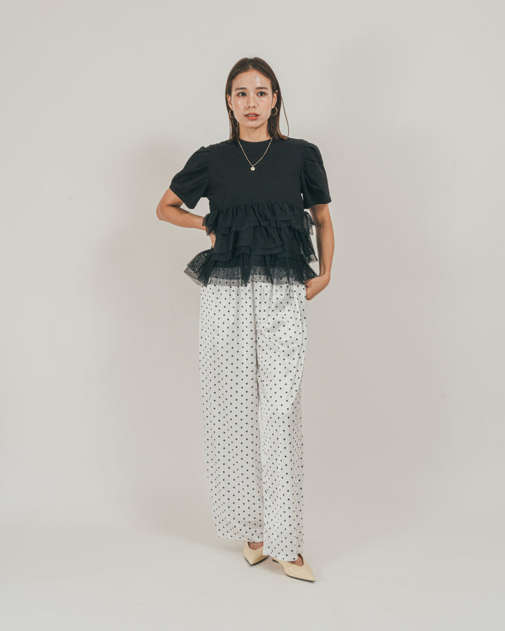 ［SET］チュールフリル ペプラムTシャツ + ドットサテンパンツ（2SET）