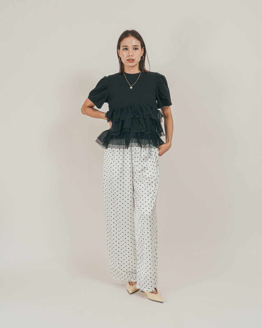 ［SET］チュールフリル ペプラムTシャツ + ドットサテンパンツ（2SET）