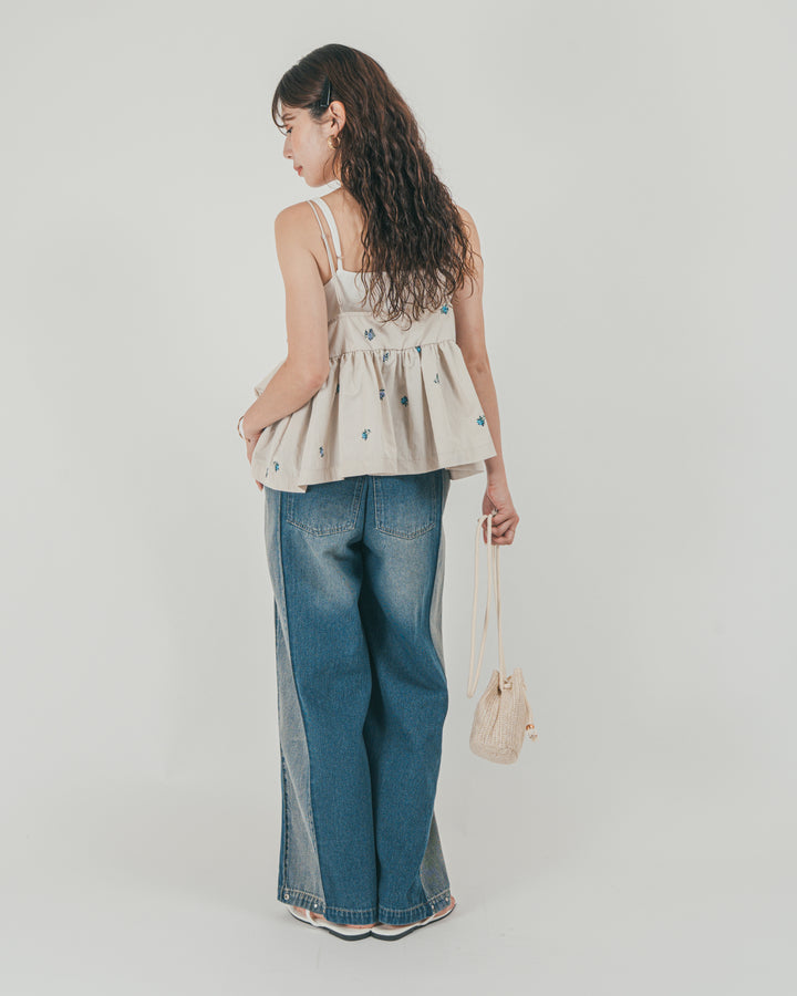 ［SET］Flower刺繍　ボリュームキャミ + 10oz サイドタック リラックスデニムパンツ（2SET）